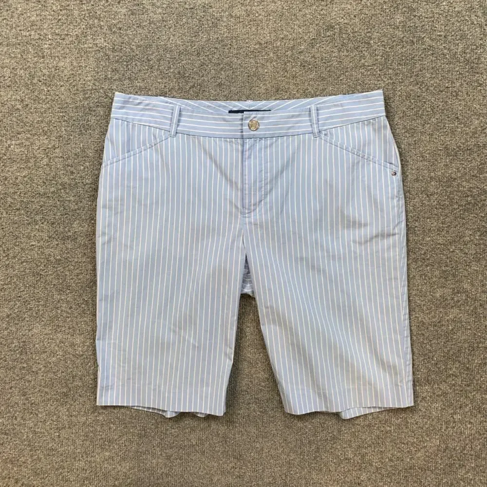 Ralph Lauren Golf Shorts Womens 8 Blue White Cotton Blend Striped Bermuda ZipFly - Picture 2 of 9